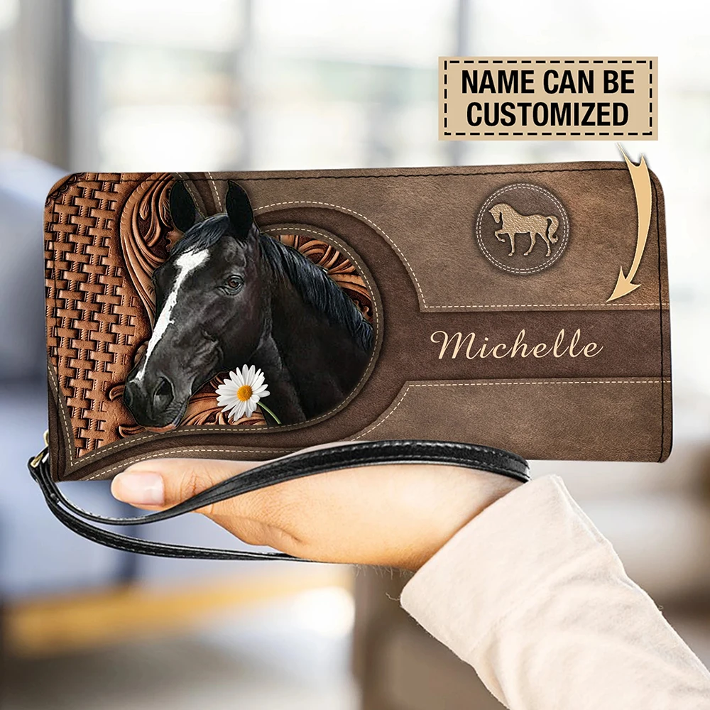 Luxury Bags Brand Names - 女性用高級ブランド財布 動物馬3Dプリント 長財布 マネーバッグ レザー名刺入れ パーソナライズネームクラッチ