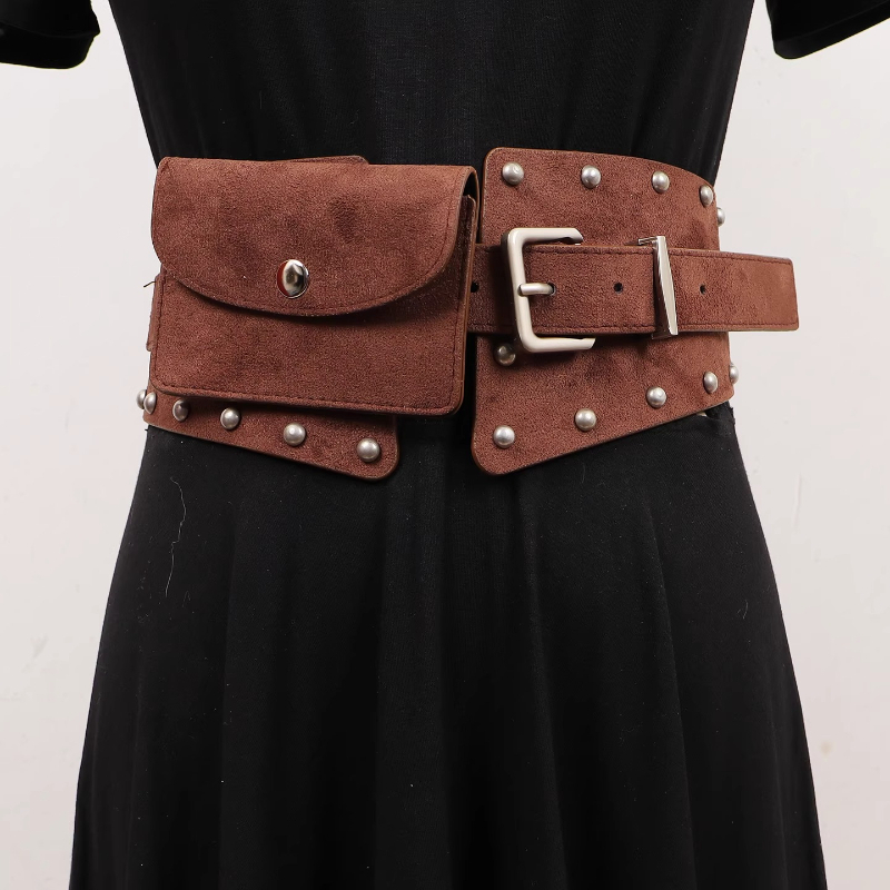 Belt Bag Leather Wide - レディース向けファッションスタイルスエードPUレザーウエストバッグ、不規則な幅広リベットスタッズ付きウエストベルト、リップスティック財布バッグ、ファニーパック